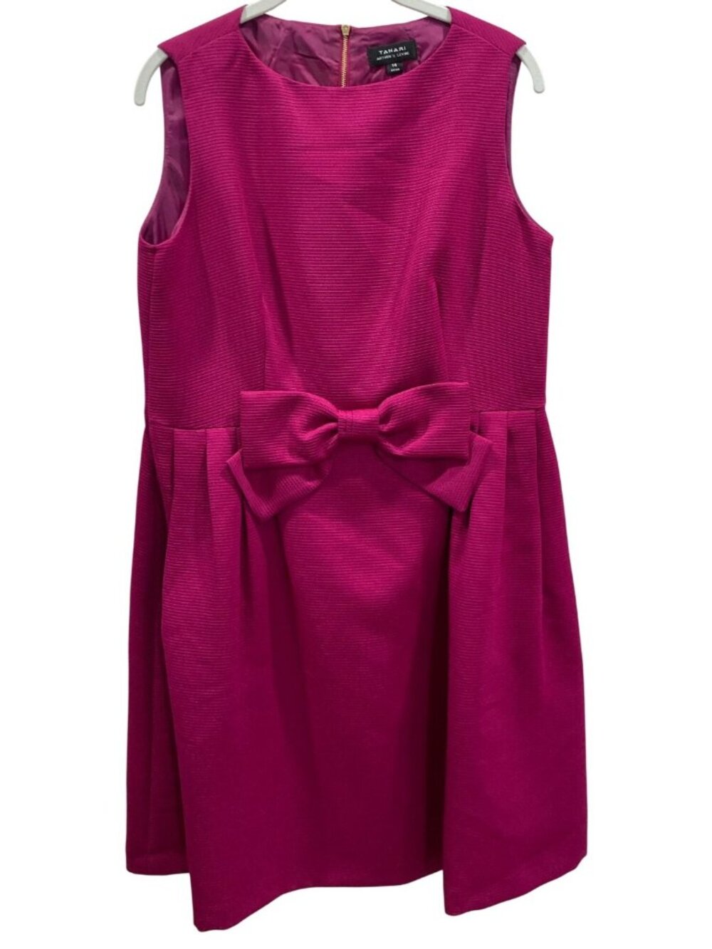 Tahari Fit & Flare Dress 14 Fuchsia Pink Bow Barbiecore Peasant Feminine Party